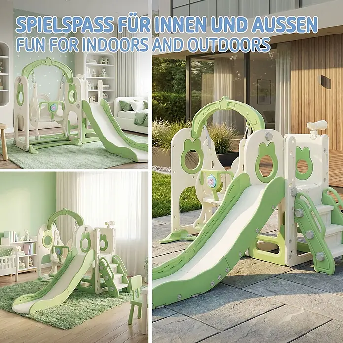 ECD Germany Rutsche - Kunststoff, Weiß, Grün - Grüner und weißer Kunststoff-Spielplatz mit Rutsche, Schaukel und Klettergerüst für drinnen und draußen.