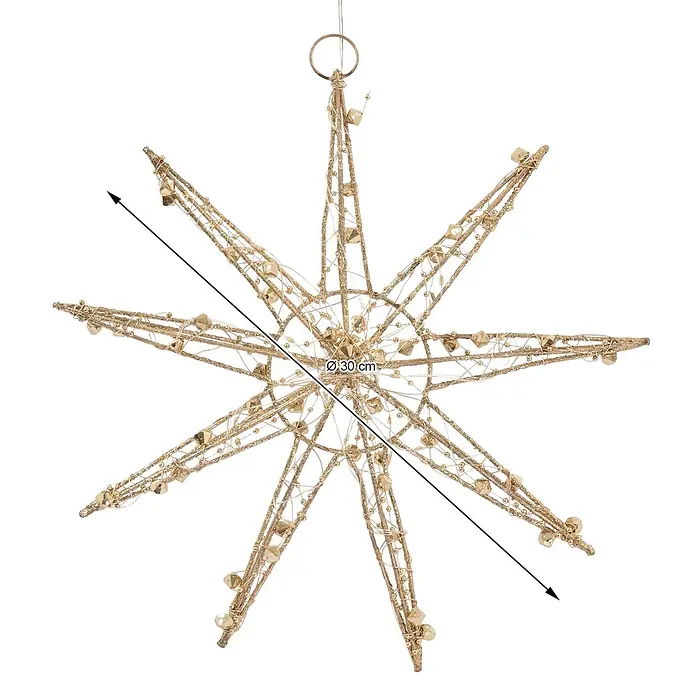 ECD Germany LED-Weihnachtsdekoleuchte Weihnachtsdeko Weihnachtsstern Dekostern für Weihnachten Schneeflocke - 5,5 x 30 x 32 cm, Weiß, Akkubetrieben, LED - Eine 30 cm große, champagnerfarbene Glitzerstern-Dekoration aus Draht mit goldenen Perlen zum Aufhängen.