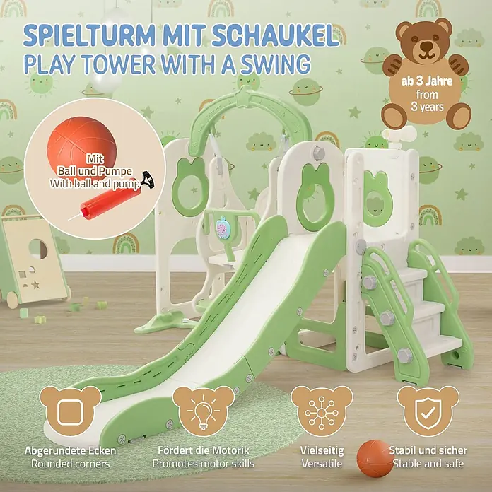 ECD Germany Rutsche - Kunststoff, Weiß, Grün - Weiß-grüner Kinderspielturm mit Rutsche, Schaukel, Treppe und Basketballkorb, im Spielzimmer mit Ball und Pumpe.