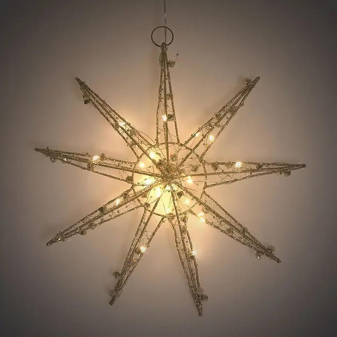 ECD Germany LED-Weihnachtsdekoleuchte Weihnachtsdeko Weihnachtsstern Dekostern für Weihnachten Schneeflocke - 5,5 x 30 x 32 cm, Weiß, Akkubetrieben, LED - Goldene Drahtstern-Dekoration mit warmen Lichtern und Perlen, hängend.