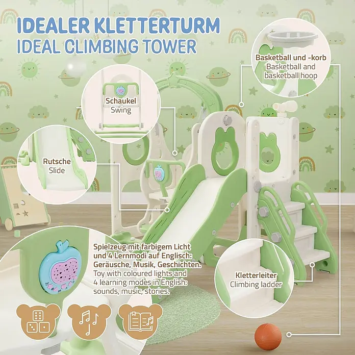 ECD Germany Rutsche - Kunststoff, Weiß, Grün - Hellgrüner und weißer Kletterturm aus Kunststoff für Kinder mit Rutsche, Schaukel, Basketballkorb, Kletterleiter und integriertem Lernspielzeug.
