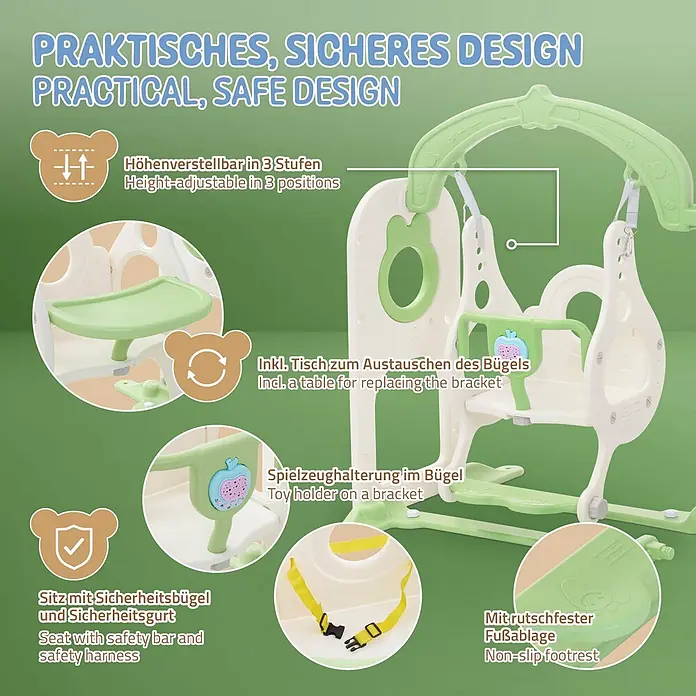 ECD Germany Rutsche - Kunststoff, Weiß, Grün - Grün-weiße Babywiege/Hochstuhl mit Sicherheitsfunktionen, höhenverstellbar, umbaubarer Ablage/Spielzeughalter und rutschfester Fußablage.