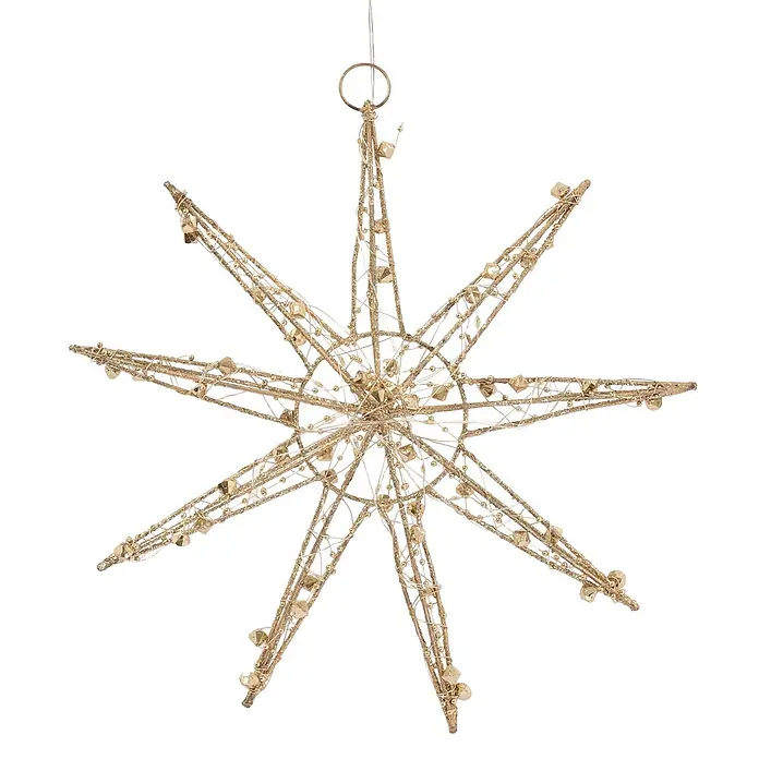 ECD Germany LED-Weihnachtsdekoleuchte Weihnachtsdeko Weihnachtsstern Dekostern für Weihnachten Schneeflocke - 5,5 x 30 x 32 cm, Weiß, Akkubetrieben, LED - Goldener, glitzernder Drahtstern-Ornament mit Perlen und integrierten Lichtern.