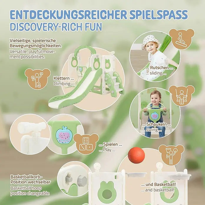 ECD Germany Rutsche - Kunststoff, Weiß, Grün - Grün-weißes Kinderspielgerät mit Rutsche, Schaukel, Klettermodul und Basketballkorb, von Kindern genutzt.