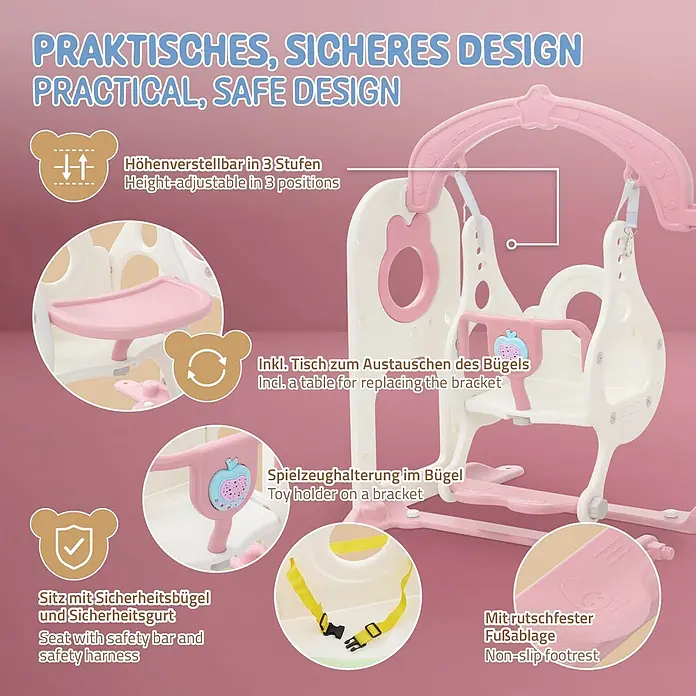 ECD Germany Rutsche - Kunststoff, Weiß, Rosa - Rosa-weißes Baby-Schaukel und Hochstuhl-Kombination mit verstellbaren Funktionen, Sicherheitsbügel und Gurt.