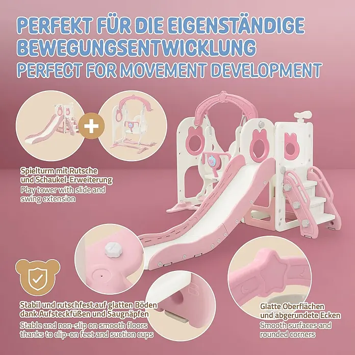 ECD Germany Rutsche - Kunststoff, Weiß, Rosa - Rosa-weißer Spielturm mit Rutsche, Schaukel und Treppe, stabil durch Saugnäpfe, mit glatten Oberflächen und abgerundeten Ecken.