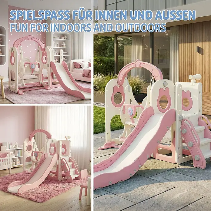 ECD Germany Rutsche - Kunststoff, Weiß, Rosa - Rosa-weißes Spielset mit Rutsche, Schaukel und Kletterstufen, für drinnen und draußen geeignet.