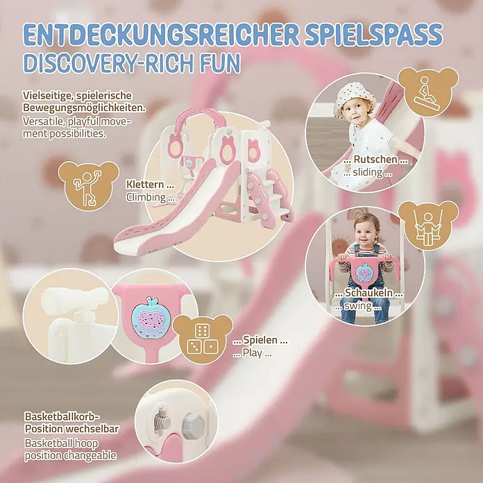 ECD Germany Rutsche - Kunststoff, Weiß, Rosa - Rosafarbenes & weißes Spielset aus Kunststoff für Kinder, mit Rutsche, Schaukel, Klettergerüst & verstellbarem Basketballkorb.