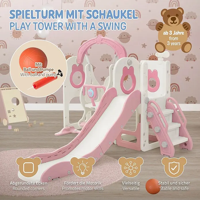 ECD Germany Rutsche - Kunststoff, Weiß, Rosa - Rosa-weißer Kinderspielturm mit Rutsche, Treppe und Schaukel, inklusive Basketball und Pumpe, in einem Kinderzimmer.