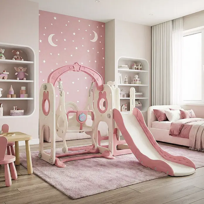 ECD Germany Rutsche - Kunststoff, Weiß, Rosa - Ein rosa-weißes Kinderrutsche- und Schaukel-Set in einem gemütlichen, rosa gestalteten Spielzimmer.