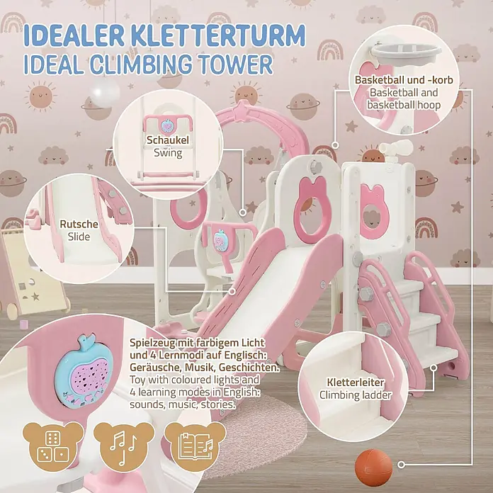 ECD Germany Rutsche - Kunststoff, Weiß, Rosa - Rosa-weißer Kinder-Kletterturm mit Rutsche, Schaukel, Basketballkorb, Kletterleiter und interaktivem Lernspielzeug.