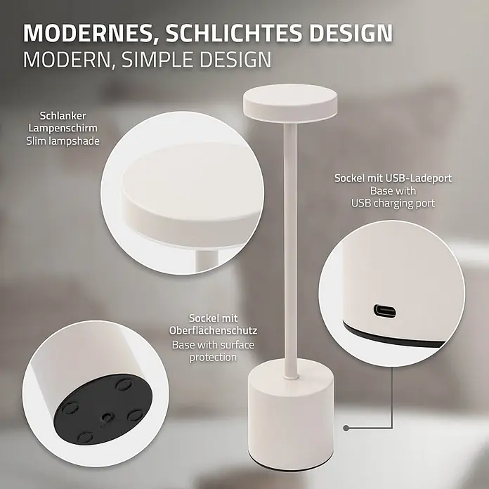 ML-Design LED-Tischleuchte rund Nachttischlampe Creme 3 Lichtfarben Tragbare Metall Led Lampe - Creme, Creme - Weiße moderne Tischleuchte mit schlankem Schirm, USB-Ladeanschluss und schützendem Sockel.
