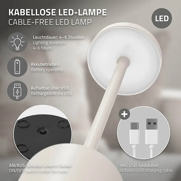 ML-Design LED-Tischleuchte rund Nachttischlampe Creme 3 Lichtfarben Tragbare Metall Led Lampe - Creme, Creme - Beige kabellose LED-Lampe mit rundem Kopf, Basisschalter und USB-Ladefunktion.