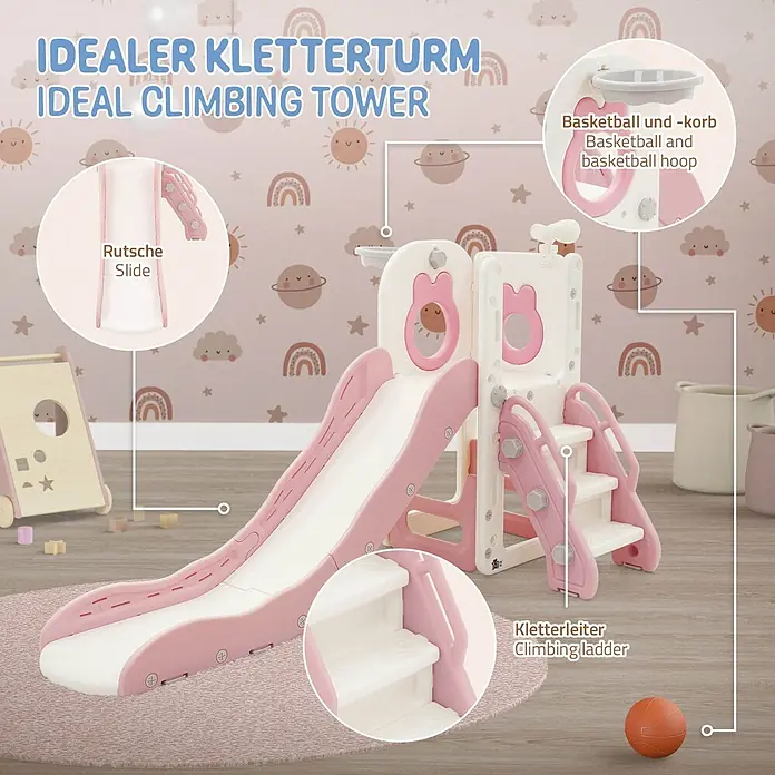 ECD Germany Rutsche Spielgerüst für Kinder ab 3 Jahren, Weiß-Rosa, Indoor&Outdoor Rutsche - B x L: 91 x 162 cm, Kunststoff, Weiß, Rosa - Rosa-weißer Kinderkletterturm mit Rutsche, Kletterleiter und Basketballkorb in einem Spielzimmer.