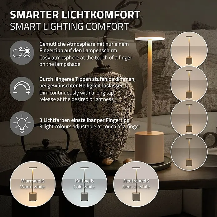 ML-Design LED-Tischleuchte rund Nachttischlampe Creme 3 Lichtfarben Tragbare Metall Led Lampe - Creme, Creme - Moderne, beige Tischleuchte mit smarter Touch-Bedienung: dimmbar & 3 Lichtfarben einstellbar für gemütliche Atmosphäre.