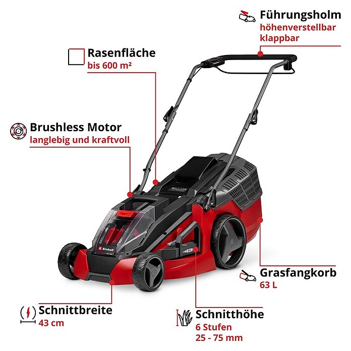 Einhell Power X-Change Cortacésped de batería (36 V, Iones de litio, 4 Ah, 2 baterías, Ancho de corte: 43 cm)