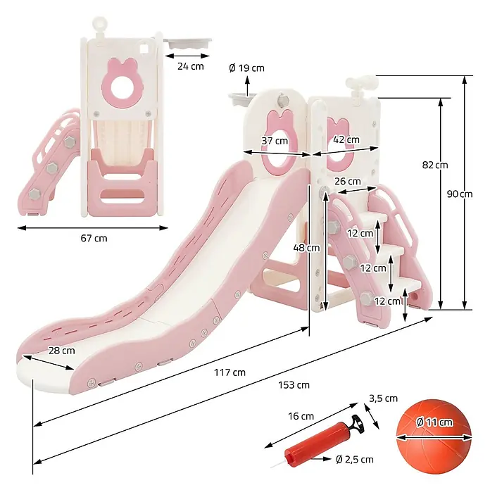 ECD Germany Rutsche Spielgerüst für Kinder ab 3 Jahren, Weiß-Rosa, Indoor&Outdoor Rutsche - B x L: 91 x 162 cm, Kunststoff, Weiß, Rosa - Rosa-weiße Kinderrutsche mit Basketballkorb, inklusive kleinem Ball und Pumpe.