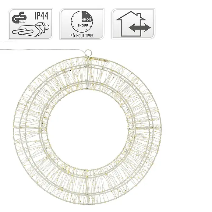 ECD Germany LED-Weihnachtsdekoleuchte Wandkranz Hängekranz Weihnachts Kranz Lichterkranz Dekorationskranz - Weiß, Netzbetrieben, LED - Rundes LED-Lichtdekoelement mit weißem Rahmen und warmweißen Lichtern. Mit IP44, 6-Stunden-Timer, für Innen- und Außennutzung.