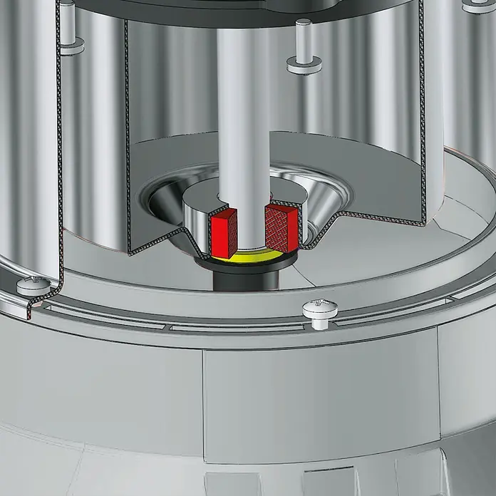 Einhell Schmutzwasserpumpe GE-DP 3925 ECO - 390 W, Max. Fördermenge: 10.000 l/h, Eintauchtiefe: 7 m - Interner Blick auf eine Maschinenkomponente mit zentraler Welle und roten magnetischen Elementen.