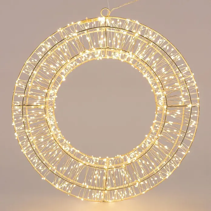 ECD Germany LED-Weihnachtsdekoleuchte Wandkranz Hängekranz Weihnachts Kranz Lichterkranz Dekorationskranz - Weiß, Netzbetrieben, LED - Beleuchteter Dekorationsring mit champagnerfarbenem Metallrahmen und zahlreichen warmweißen LEDs.