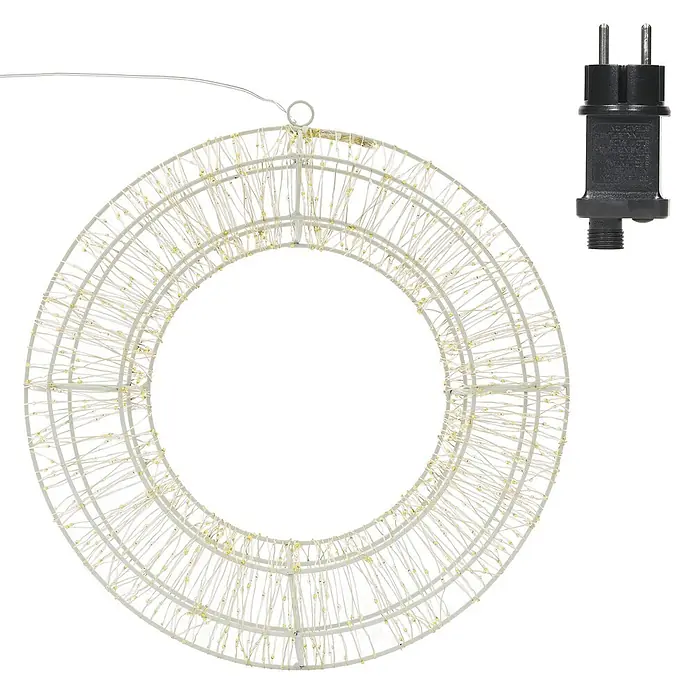 ECD Germany LED-Weihnachtsdekoleuchte Wandkranz Hängekranz Weihnachts Kranz Lichterkranz Dekorationskranz - Weiß, Netzbetrieben, LED - Leuchtender weißer Drahtkranz mit warmweißen LEDs und schwarzem Netzteil.