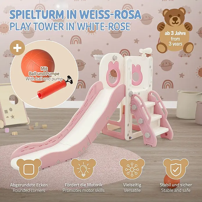 ECD Germany Rutsche Spielgerüst für Kinder ab 3 Jahren, Weiß-Rosa, Indoor&Outdoor Rutsche - B x L: 91 x 162 cm, Kunststoff, Weiß, Rosa - Rosa-weißer Kunststoff-Spieltum mit Rutsche, Treppe und Basketballkorb, inklusive Ball und Pumpe, ab 3 Jahren geeignet.