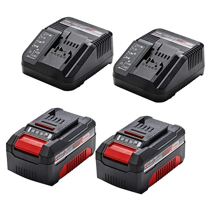 Einhell Power X-Change 18V Akku-Rasenmäher GE-CM 43 Li M Kit - 18 V, 2 Akkus, 4 Ah, Schnittbreite: 43 cm - Zwei schwarze und rote Einhell Power X-Change 18V Li-ion Akkus und zwei passende Ladegeräte.