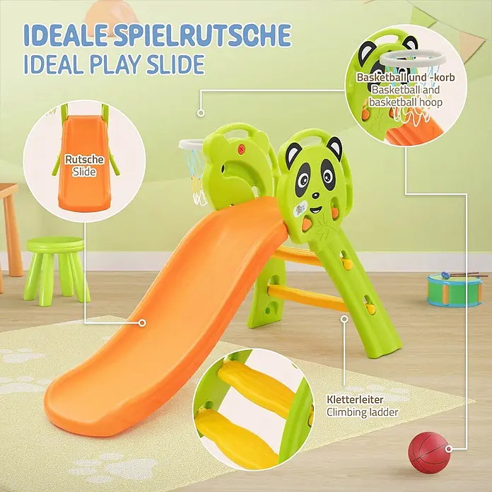 ECD Germany Rutsche Spiel-Rutsch für Kinder ab 3 Jahren Grün-Orange Indoor & Outdoor - B x L: 68 x 114 cm, Kunststoff, Grün, Orange, Gelb - Plastik-Kinderrutsche mit orangefarbener Rutschfläche, grünem Panda-Rahmen, integriertem Basketballkorb und Kletterleiter.
