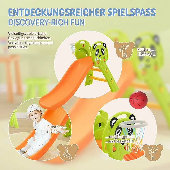 ECD Germany Rutsche Spiel-Rutsch für Kinder ab 3 Jahren Grün-Orange Indoor & Outdoor - B x L: 68 x 114 cm, Kunststoff, Grün, Orange, Gelb - Grün-orangene Kinderrutsche mit Panda-Gesicht und Basketballkorb für vielseitiges Spielen: Rutschen, Klettern und Basketball.