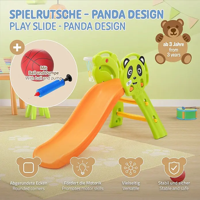 ECD Germany Rutsche Spiel-Rutsch für Kinder ab 3 Jahren Grün-Orange Indoor & Outdoor - B x L: 68 x 114 cm, Kunststoff, Grün, Orange, Gelb - Grüne und orangefarbene Spielrutsche im Panda-Design mit Basketballkorb, inklusive Ball und Pumpe. Geeignet ab 3 Jahren.