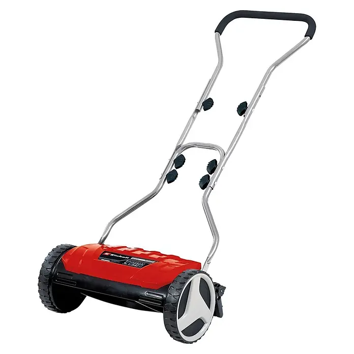 Einhell Spindelmäher GE-HM 38 S - Schnittbreite: 38 cm - Roter und schwarzer Handrasenmäher mit silbernem Griff und schwarzem Haltegriff, ausgestattet mit schwarzen Rädern.