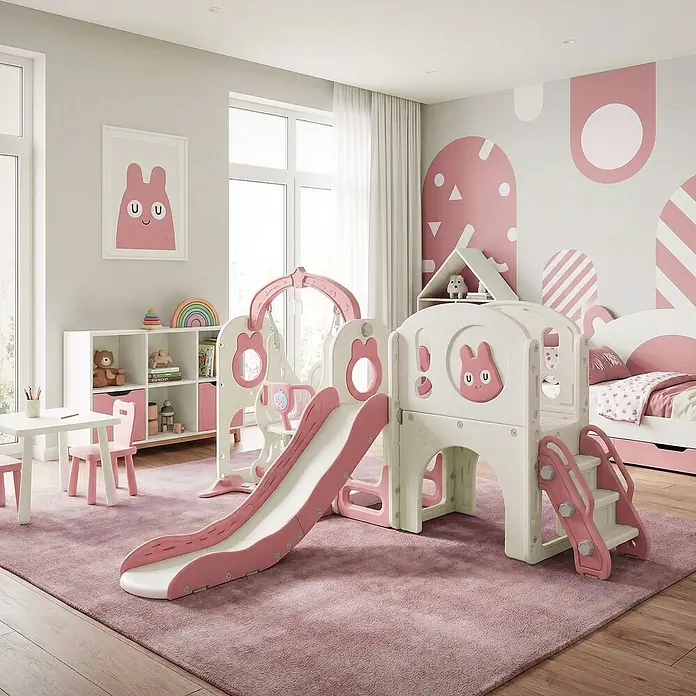 ECD Germany Rutsche - Kunststoff, Weiß, Rosa - Rosa-weißes Indoor-Spielplatz-Set aus Kunststoff mit Rutsche und Schaukel für Kinder auf rosa Teppich.