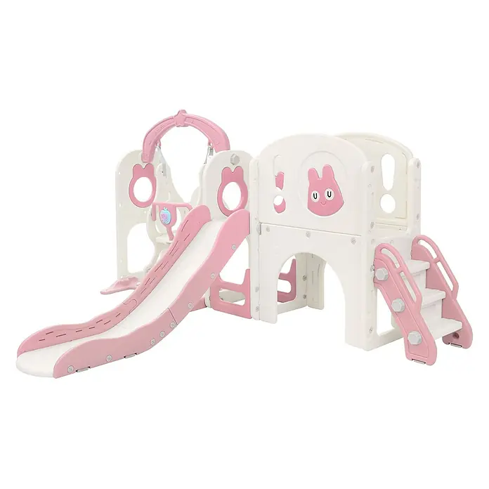 ECD Germany Rutsche - Kunststoff, Weiß, Rosa - Weiß-rosafarbener Kunststoff-Kinderspielplatz mit Rutsche, Schaukel und Kletterstufen.