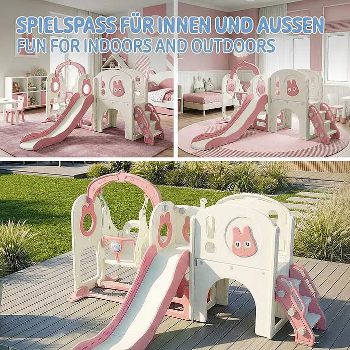 ECD Germany Rutsche - Kunststoff, Weiß, Rosa - Weiß-rosa Kinderspielturm mit Rutsche, Schaukel und Treppen, für drinnen und draußen gezeigt.