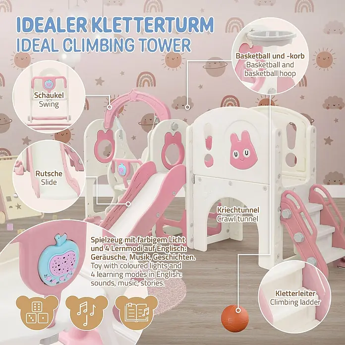 ECD Germany Rutsche - Kunststoff, Weiß, Rosa - Rosa-weißer Kletterturm für Kinder mit Rutsche, Schaukel, Basketballkorb, Kriechtunnel und Kletterleiter.
