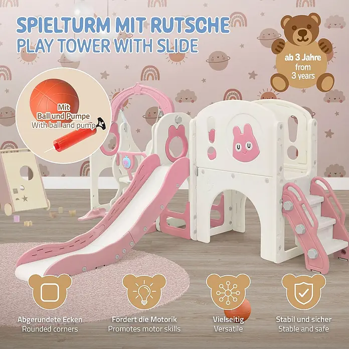 ECD Germany Rutsche - Kunststoff, Weiß, Rosa - Rosa-weißer Spielturm aus Kunststoff mit Rutsche, Schaukel, Treppe und Basketballkorb, im Kinderzimmer aufgebaut.