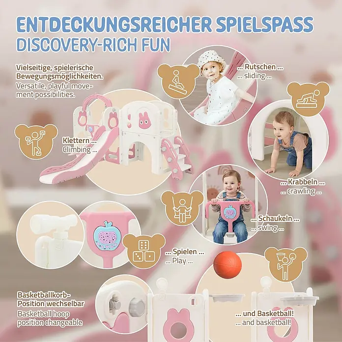 ECD Germany Rutsche - Kunststoff, Weiß, Rosa - Ein rosa-weißes Kinderspielgerüst mit Rutsche, Kletterbereich, Schaukel und Basketballkorb, gezeigt mit spielenden Kleinkindern.