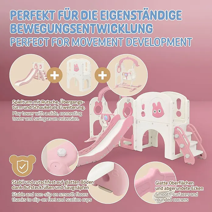 ECD Germany Rutsche - Kunststoff, Weiß, Rosa - Rosa-weißer modularer Spielturm mit Rutsche und Schaukel für kindliche Bewegung. Mit stabilen Füßen und glatten, abgerundeten Oberflächen.