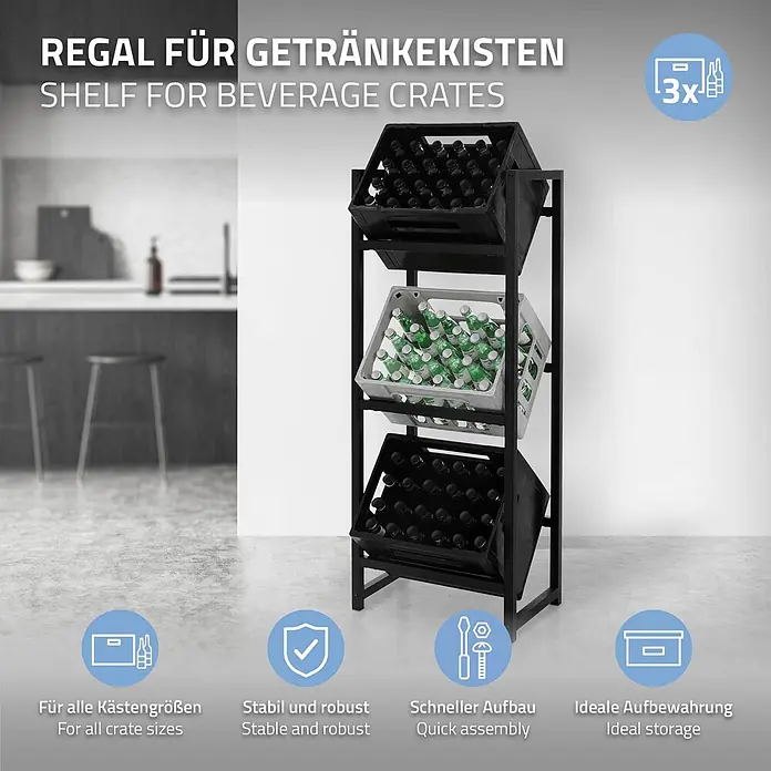 ML-Design Getränkekistenregal Kastenständer für 3 Kisten stabiles Standregal freistehend Stahl - Traglast pro Boden: 150 kg, Anzahl Böden: 3 Stk., Stecken, Anthrazit - Schwarzes Metallregal für Getränkekisten mit drei Kisten (eine weiß, zwei schwarz) in einer modernen Küche.