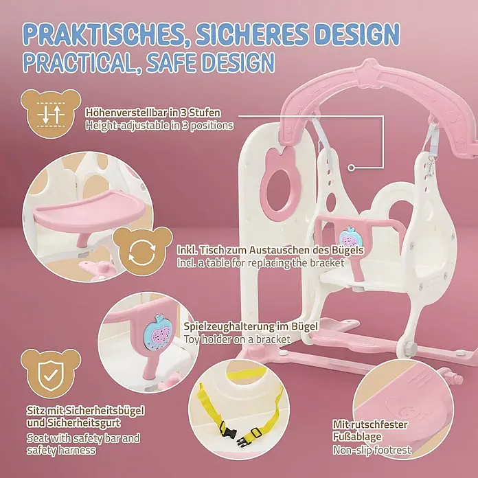 ECD Germany Rutsche - Kunststoff, Weiß, Rosa - Rosa-weißes Baby-Schaukel- und Hochstuhlset mit höhenverstellbarem Sitz, Sicherheitsbügel, Gurt, rutschfester Fußablage und Spielzeughalter.