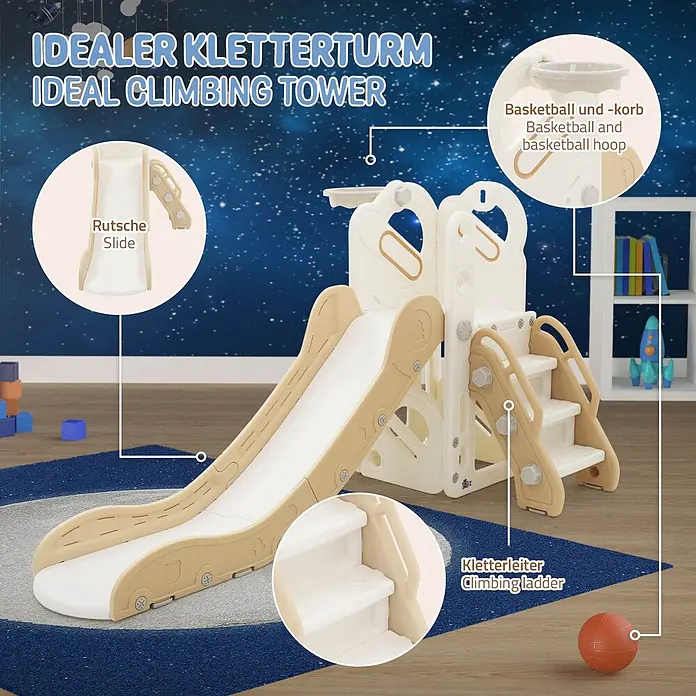 ECD Germany Rutsche Spielgerüst für Kinder ab 3 Jahren, Weiß-Beige, Indoor&Outdoor Rutsche - B x L: 91 x 153 cm, Kunststoff, Weiß, Beige, Grau - Beigefarbener Kletterturm für Kinder mit Rutsche, Kletterleiter und Basketballkorb in einem sternenklaren Raum.