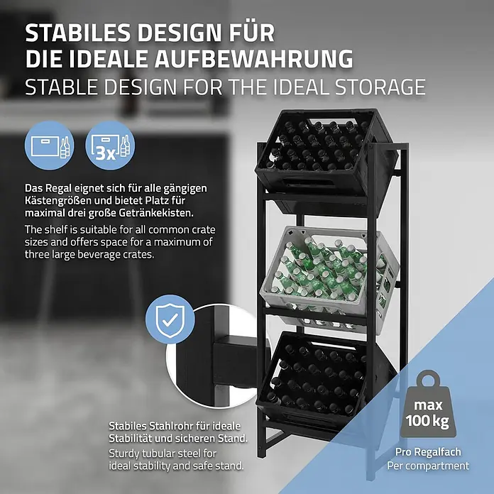 ML-Design Getränkekistenregal Kastenständer für 3 Kisten stabiles Standregal freistehend Stahl - Traglast pro Boden: 150 kg, Anzahl Böden: 3 Stk., Stecken, Anthrazit - Schwarzes Getränkekistenregal aus stabilem Stahlrohr für drei Kisten, 100 kg Tragkraft pro Fach.