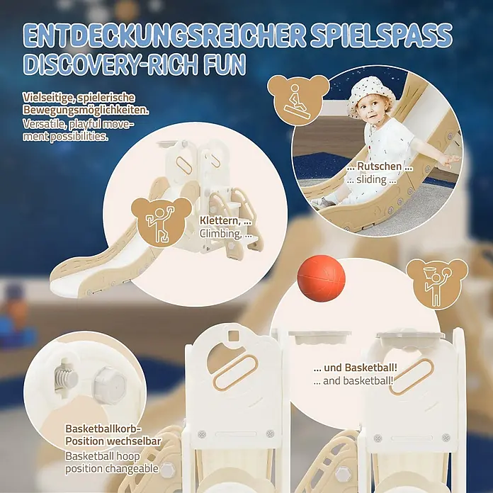 ECD Germany Rutsche Spielgerüst für Kinder ab 3 Jahren, Weiß-Beige, Indoor&Outdoor Rutsche - B x L: 91 x 153 cm, Kunststoff, Weiß, Beige, Grau - Cremefarbene multifunktionale Kinderrutsche zum Rutschen, Klettern und Basketballspielen.