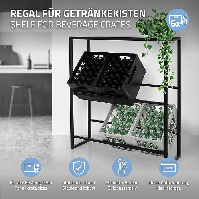 ML-Design Getränkekistenregal Kastenständer für 6 Kisten stabiles Standregal freistehend Stahl - Traglast pro Boden: 150 kg, Anzahl Böden: 8 Stk., Stecken, Anthrazit - Schwarzes Metallregal für Getränkekisten, mit mehreren Kisten bestückt.