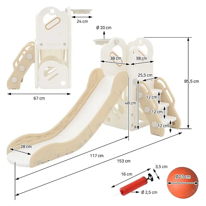ECD Germany Rutsche Spielgerüst für Kinder ab 3 Jahren, Weiß-Beige, Indoor&Outdoor Rutsche - B x L: 91 x 153 cm, Kunststoff, Weiß, Beige, Grau - Beigeweiße Kinderrutsche mit Basketballkorb, Ball und Pumpe, detaillierte Maße dargestellt.