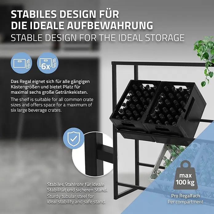 ML-Design Getränkekistenregal Kastenständer für 6 Kisten stabiles Standregal freistehend Stahl - Traglast pro Boden: 150 kg, Anzahl Böden: 8 Stk., Stecken, Anthrazit - Schwarzes, stabiles Getränkekistenregal aus Stahlrohr für bis zu sechs große Kisten, bis 100 kg pro Fach.