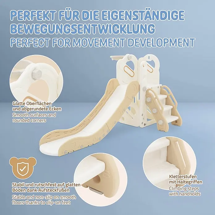 ECD Germany Rutsche Spielgerüst für Kinder ab 3 Jahren, Weiß-Beige, Indoor&Outdoor Rutsche - B x L: 91 x 153 cm, Kunststoff, Weiß, Beige, Grau - Beigefarbene Kinderrutsche mit Kletterbereich, abgerundeten Ecken, rutschfesten Füßen und Haltegriffen zur Bewegungsentwicklung.