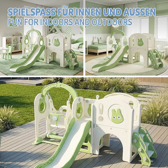 ECD Germany Rutsche - B x L: 217 x 162 cm, Kunststoff, Weiß, Grün - Grün-weißes Kinderspielset aus Kunststoff mit Rutsche, Schaukel und Tunnel, innen und außen nutzbar.