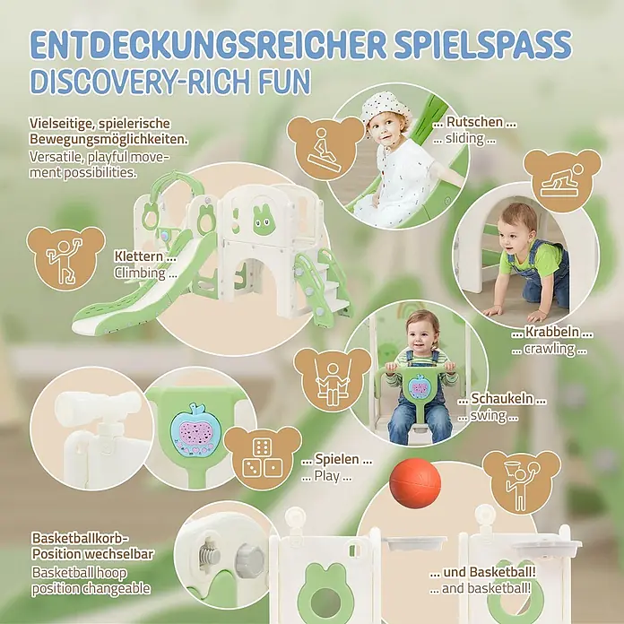 ECD Germany Rutsche - B x L: 217 x 162 cm, Kunststoff, Weiß, Grün - Grün-weiße multifunktionale Spielanlage für Kleinkinder mit Rutsche, Schaukel, Kletterbereich und Basketballkorb, mit spielenden Kindern.