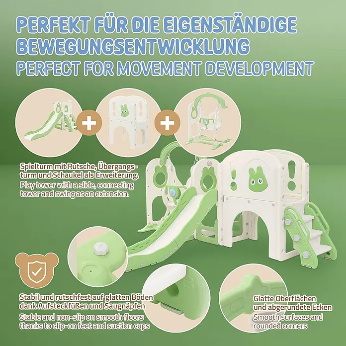 ECD Germany Rutsche - B x L: 217 x 162 cm, Kunststoff, Weiß, Grün - Weiß-grüner Kinder-Spielturm aus Kunststoff mit Rutsche, Verbindungsturm und Schaukel. Stabil durch rutschfeste Füße und abgerundete Ecken.